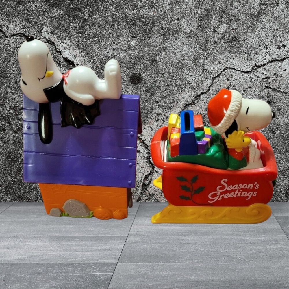 Pair 1990's Whitman's  Snoopy Woodstock‎ Peanuts Coin Banks HALLOWEEN CHRISTMAS